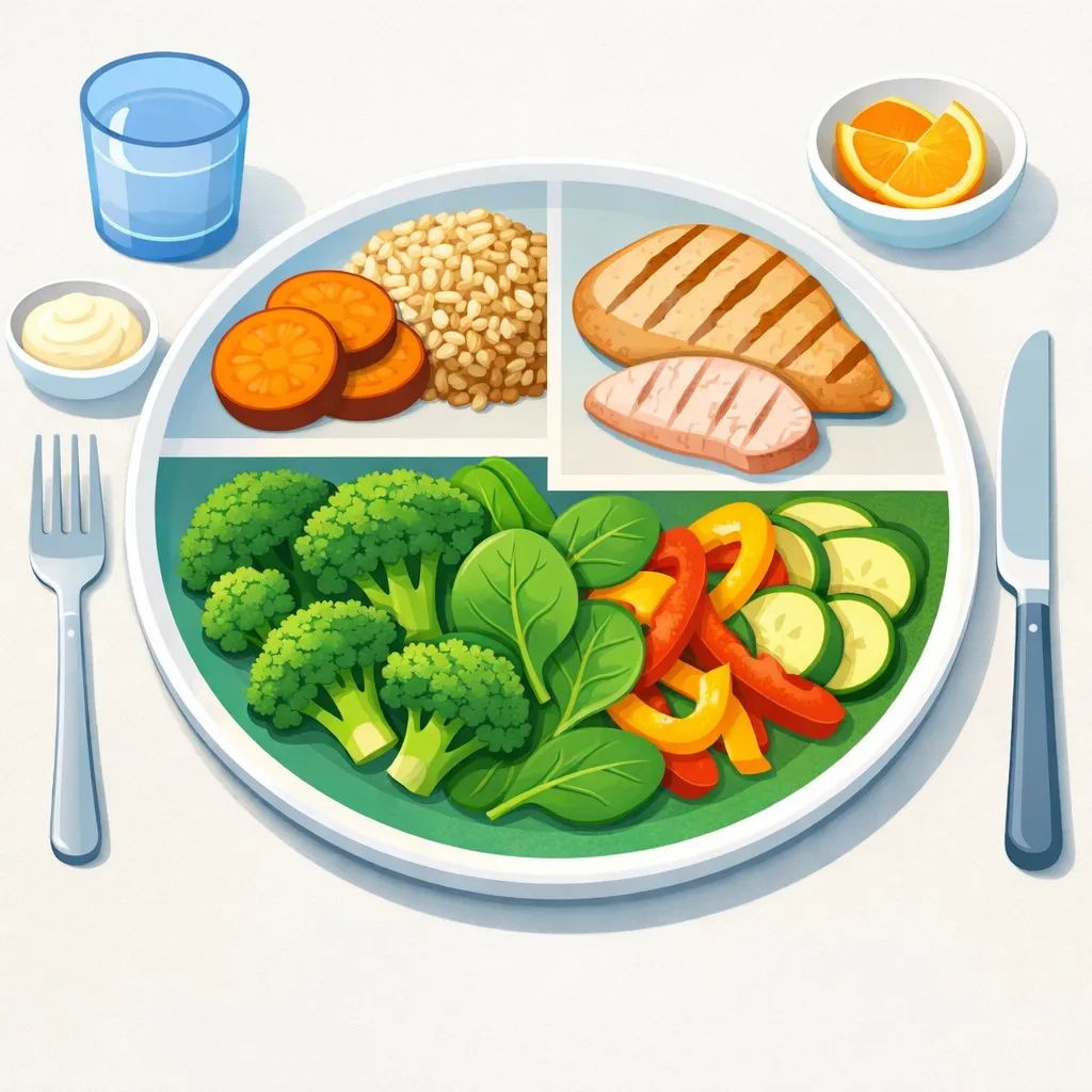 روش بشقاب دیابتی: نصف بشقاب سبزیجات غیرنشاسته‌ای، یک‌چهارم پروتئین کم‌چرب، یک‌چهارم غلات کامل