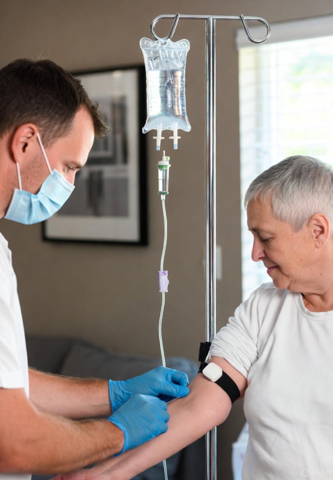 پرستار در حال وصل سرم تقویتی در منزل تهران